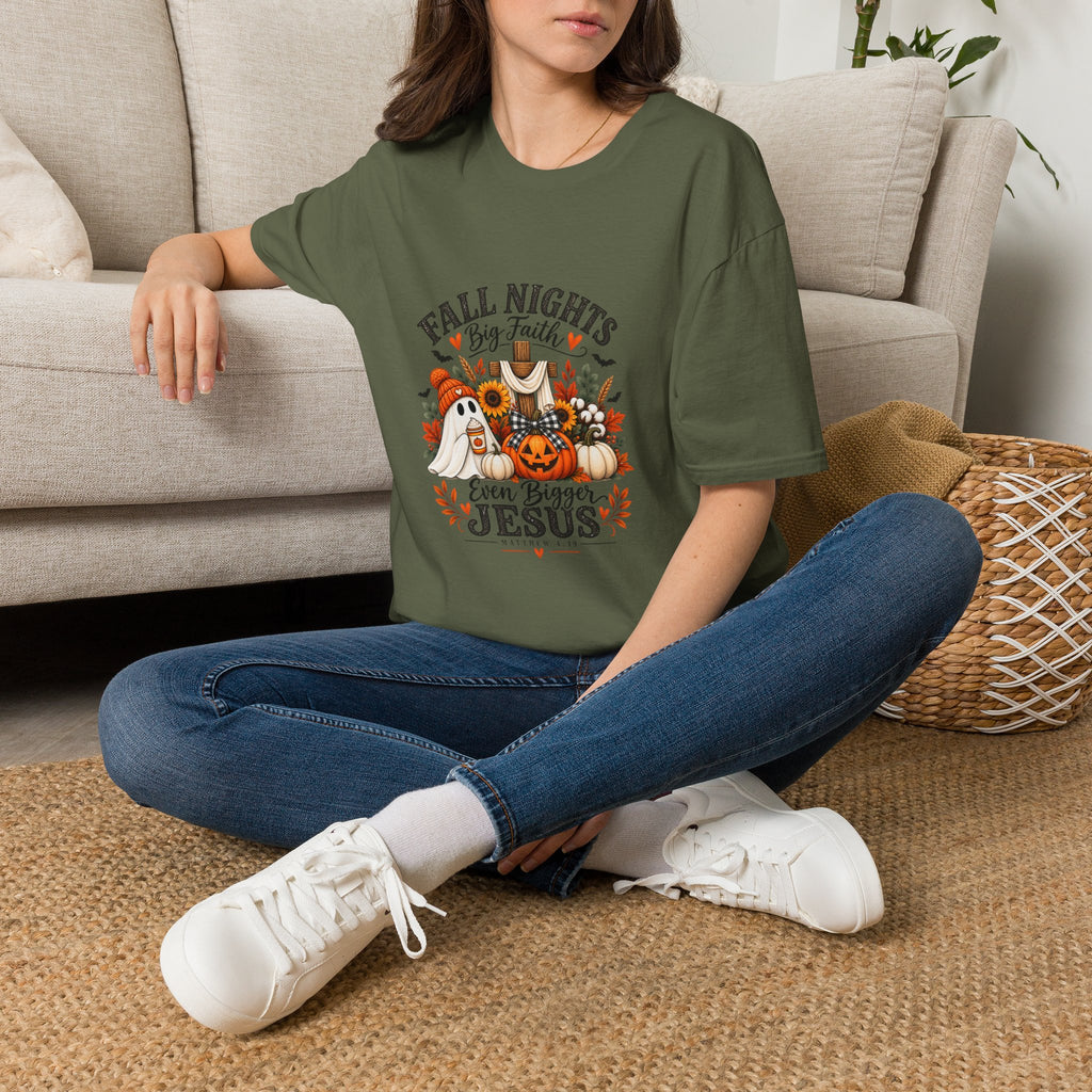 Fall Nights Big Faith, Fall Graphic T-Shirt | Autumn Pumpkin, Jesus Theme