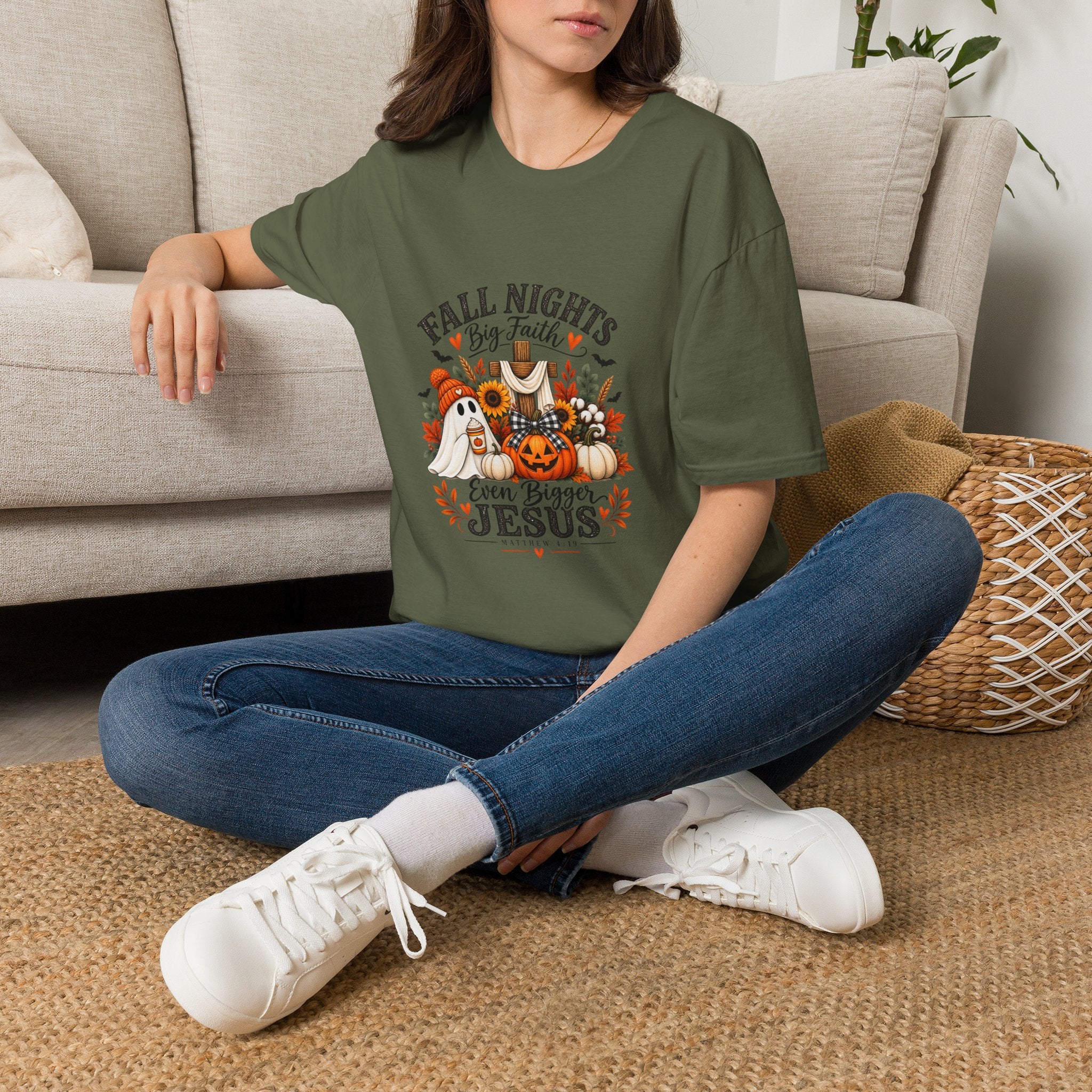 Fall Nights Big Faith, Fall Graphic T-Shirt | Autumn Pumpkin, Jesus Theme