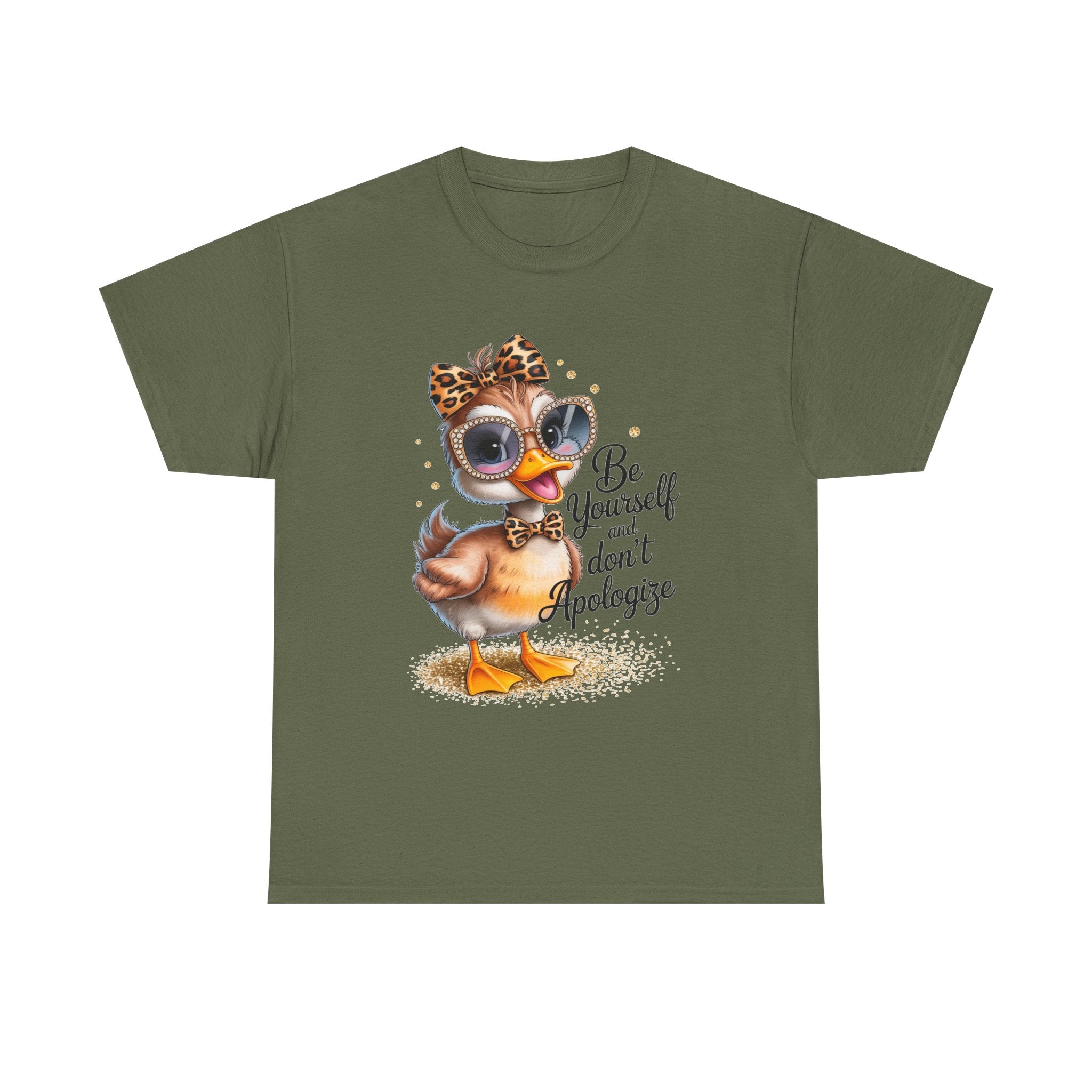 Be Yourself and Don't Apologize Duck Graphic T-Shirt | Cute Inspirational Women's Graphic Tee | Leopard Bow & Sunglasses Shirt