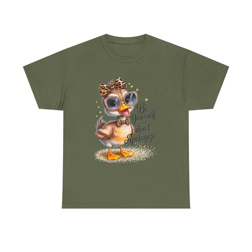 Be Yourself and Don't Apologize Duck Graphic T-Shirt | Cute Inspirational Women's Graphic Tee | Leopard Bow & Sunglasses Shirt