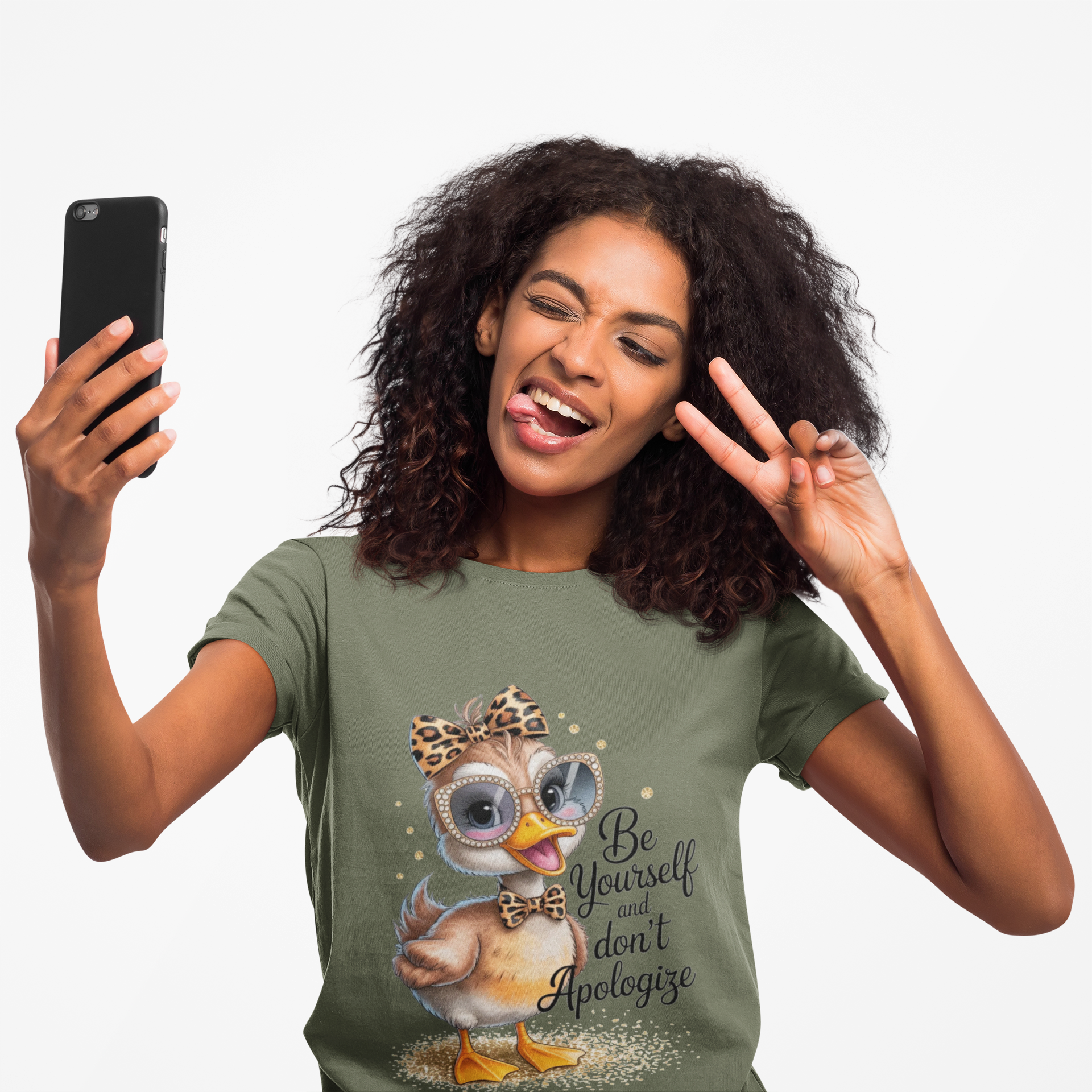 Be Yourself and Don't Apologize Duck Graphic T-Shirt | Cute Inspirational Women's Graphic Tee | Leopard Bow & Sunglasses Shirt
