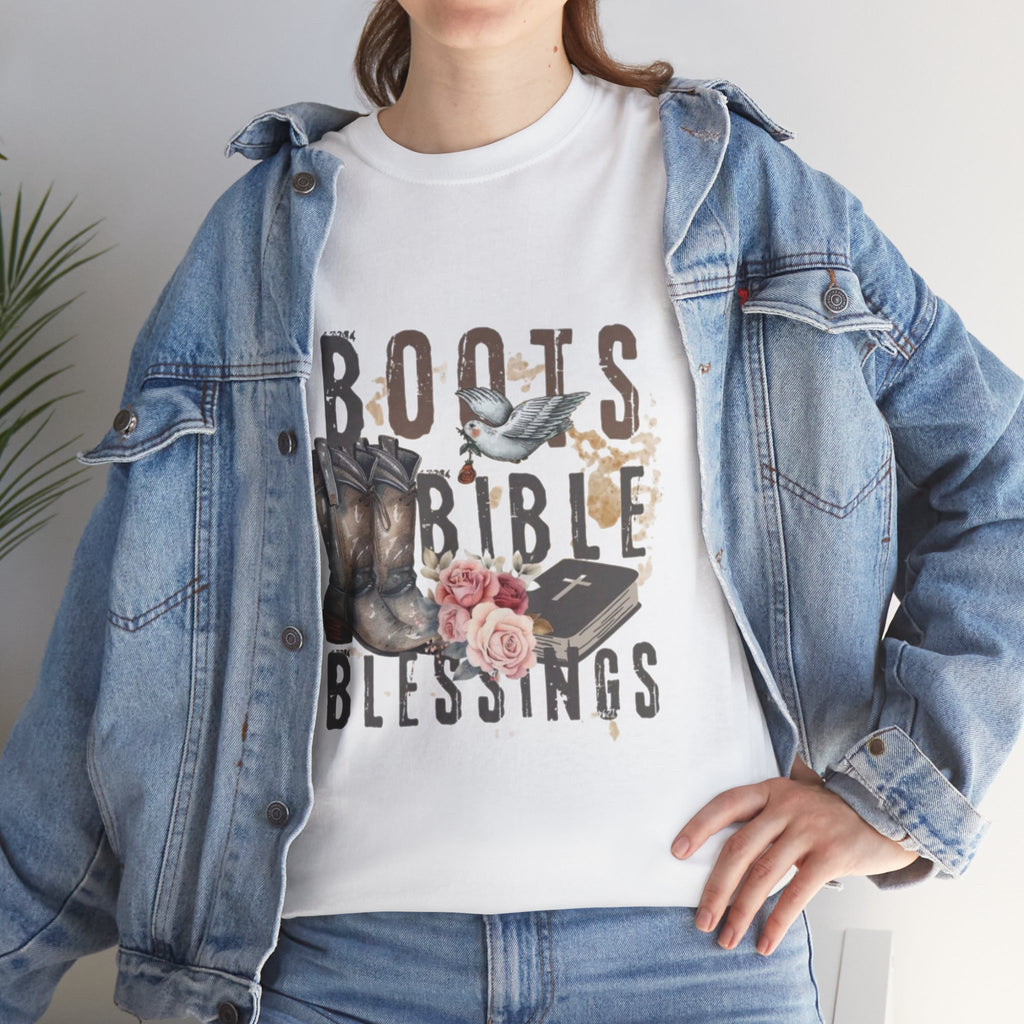 Boots Bible Blessings Shirt | Christian Western Graphic Tee | Faith Cowgirl T-Shirt | Rustic Country Christian Gift for Women