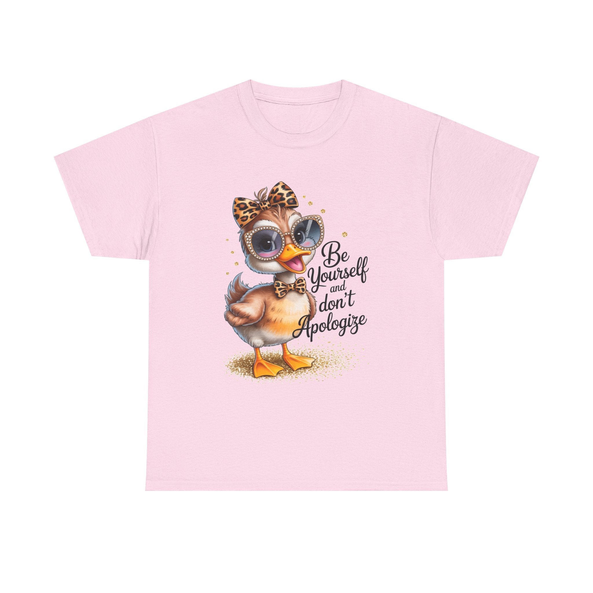 Be Yourself and Don't Apologize Duck Graphic T-Shirt | Cute Inspirational Women's Graphic Tee | Leopard Bow & Sunglasses Shirt