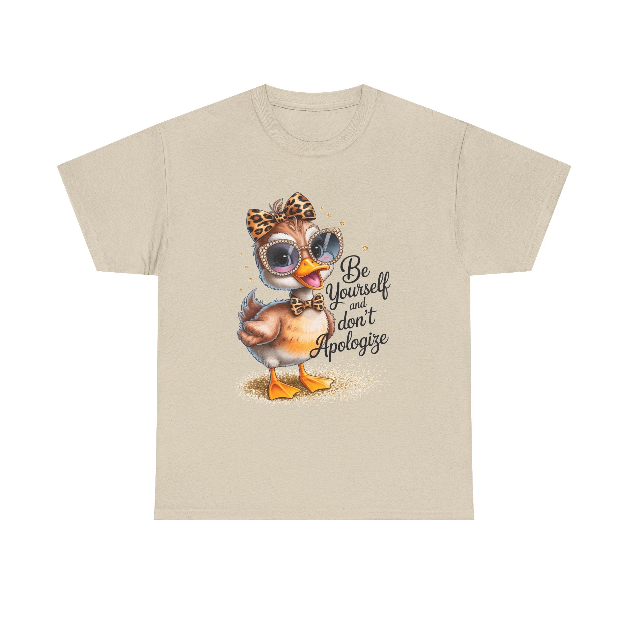 Be Yourself and Don't Apologize Duck Graphic T-Shirt | Cute Inspirational Women's Graphic Tee | Leopard Bow & Sunglasses Shirt