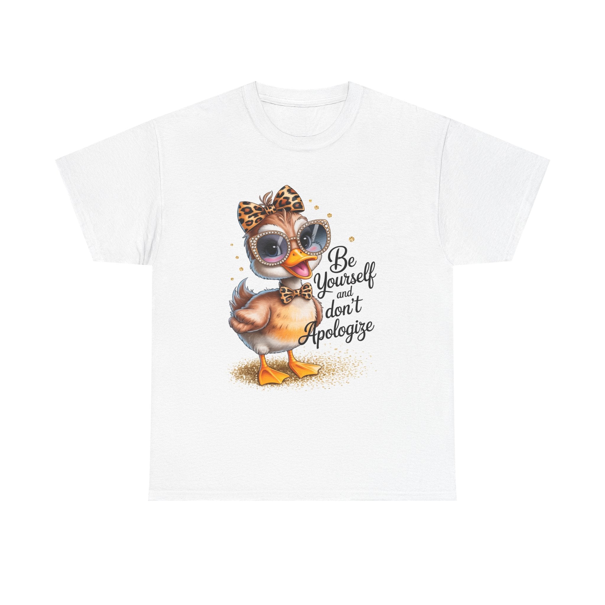 Be Yourself and Don't Apologize Duck Graphic T-Shirt | Cute Inspirational Women's Graphic Tee | Leopard Bow & Sunglasses Shirt